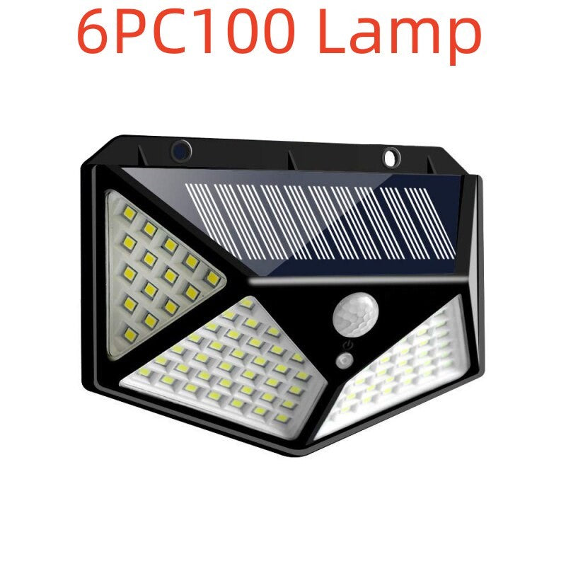 100 LED Zonne-wandlamp – 1200LM, Bewegingssensor, 4-Zijdig Breedlicht, IP65 Waterdicht Buitenlamp