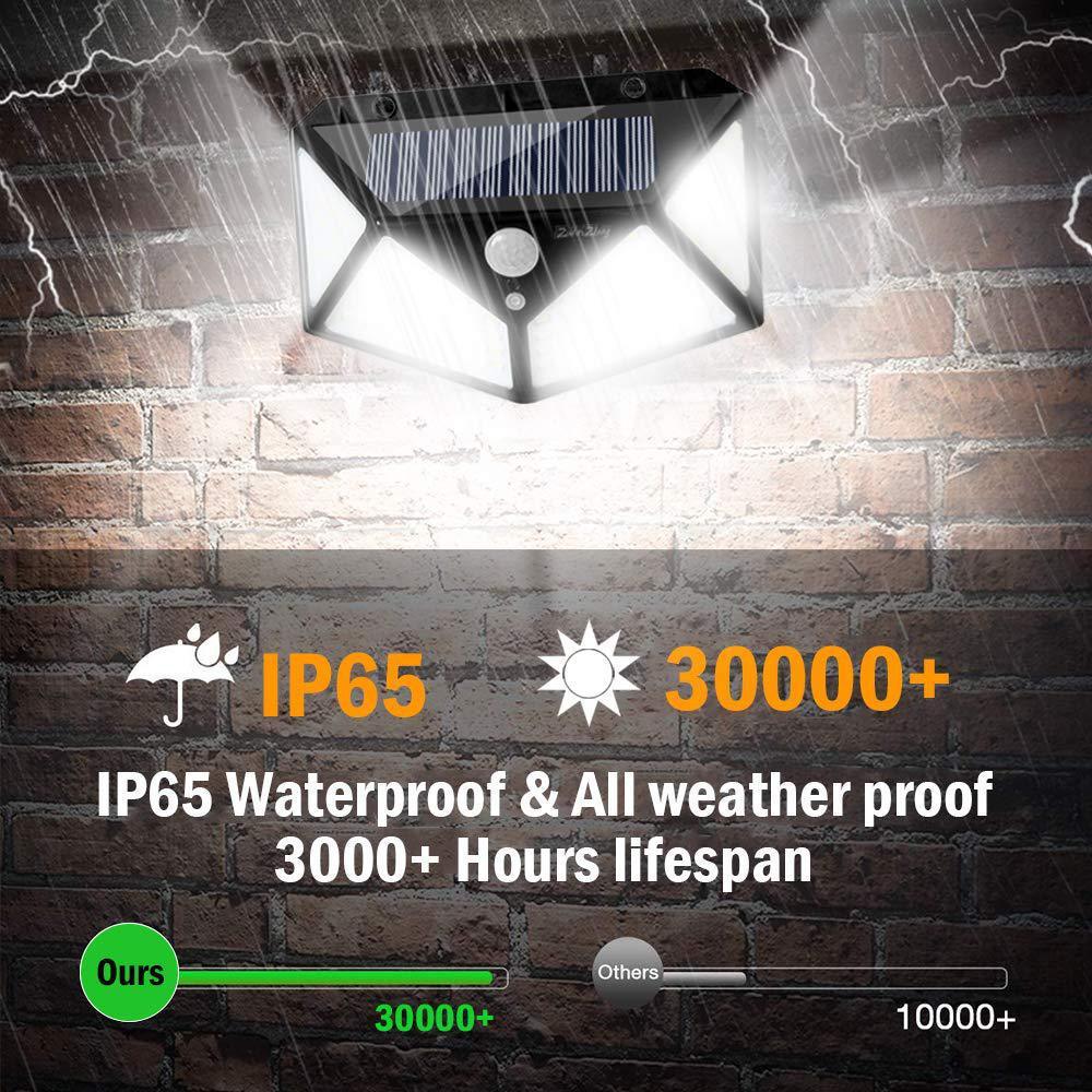 100 LED Zonne-wandlamp – 1200LM, Bewegingssensor, 4-Zijdig Breedlicht, IP65 Waterdicht Buitenlamp