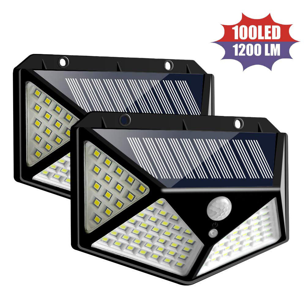 100 LED Zonne-wandlamp – 1200LM, Bewegingssensor, 4-Zijdig Breedlicht, IP65 Waterdicht Buitenlamp