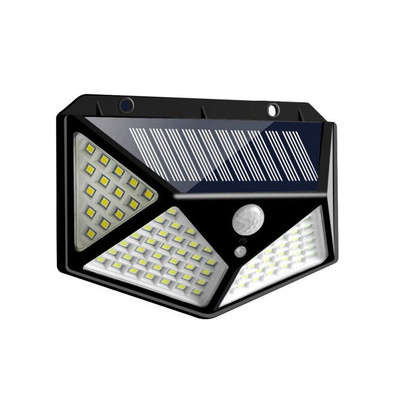 100 LED Zonne-wandlamp – 1200LM, Bewegingssensor, 4-Zijdig Breedlicht, IP65 Waterdicht Buitenlamp