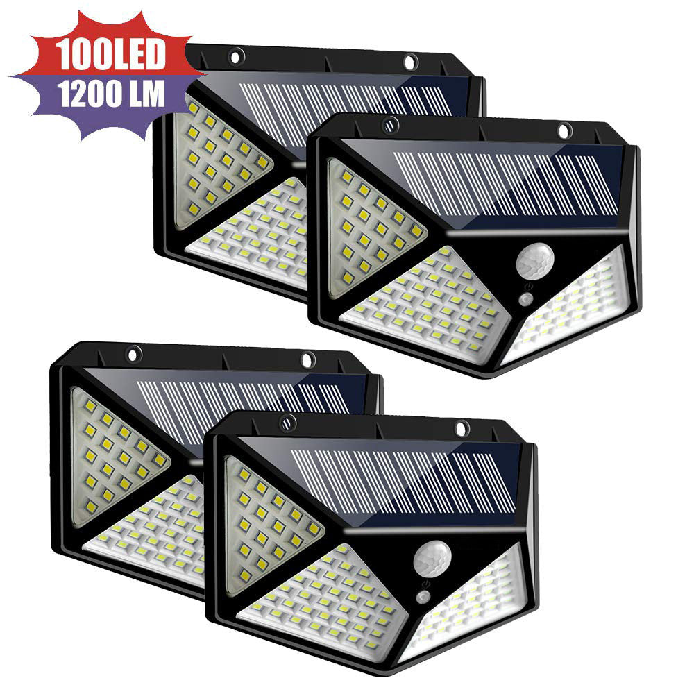 100 LED Zonne-wandlamp – 1200LM, Bewegingssensor, 4-Zijdig Breedlicht, IP65 Waterdicht Buitenlamp