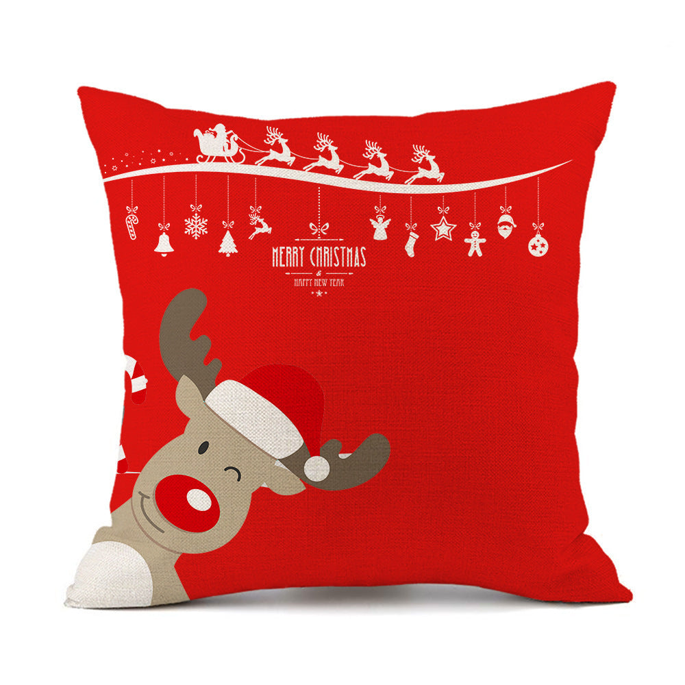 Isidore – Festieve Rode Linnen Kussen met Kerst-Elk en Santa Claus Print