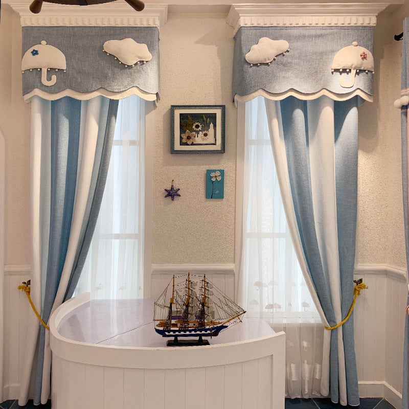 Lysandra – Luxe Kinderen Kamer Wolk Garens Blauw en Witte Gestreepte Chenille Gordijn