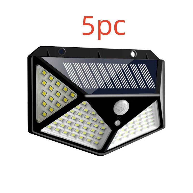 100 LED Zonne-wandlamp – 1200LM, Bewegingssensor, 4-Zijdig Breedlicht, IP65 Waterdicht Buitenlamp