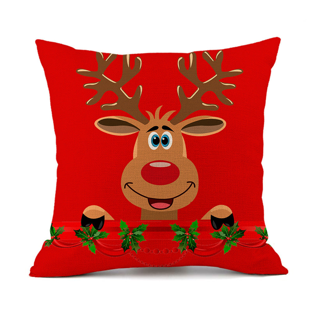 Isidore – Festieve Rode Linnen Kussen met Kerst-Elk en Santa Claus Print