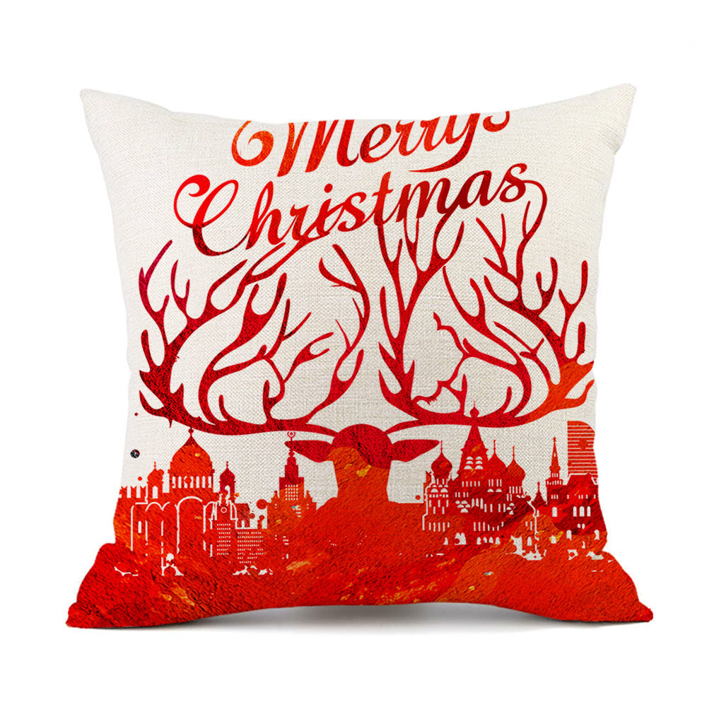 Isidore – Festieve Rode Linnen Kussen met Kerst-Elk en Santa Claus Print