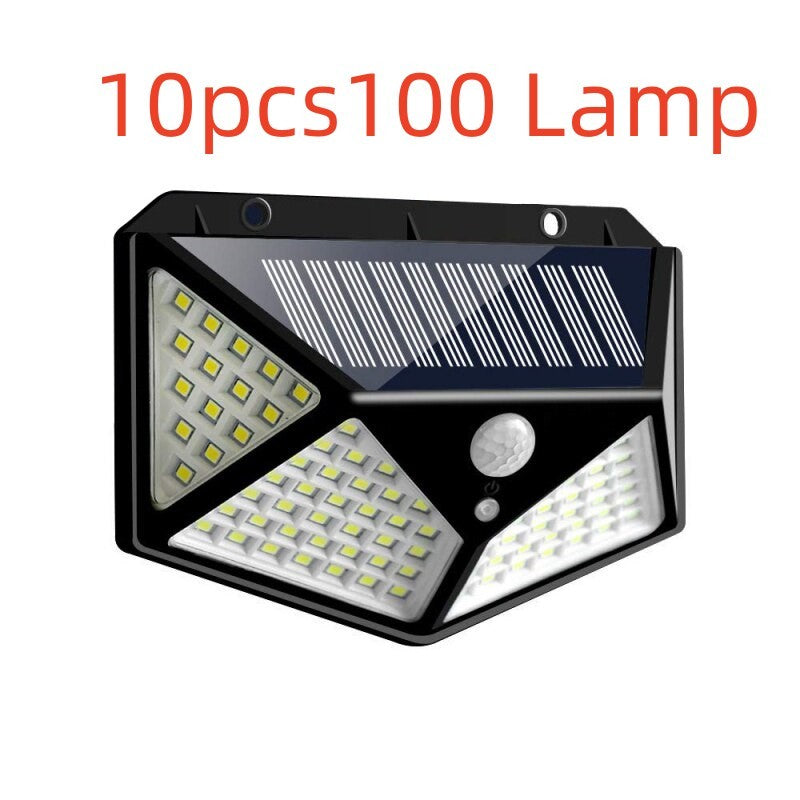 100 LED Zonne-wandlamp – 1200LM, Bewegingssensor, 4-Zijdig Breedlicht, IP65 Waterdicht Buitenlamp