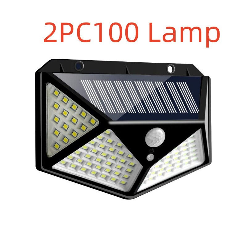 100 LED Zonne-wandlamp – 1200LM, Bewegingssensor, 4-Zijdig Breedlicht, IP65 Waterdicht Buitenlamp