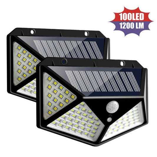 100 LED Zonne-wandlamp – 1200LM, Bewegingssensor, 4-Zijdig Breedlicht, IP65 Waterdicht Buitenlamp