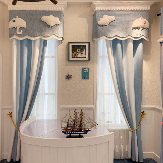 Lysandra – Luxe Kinderen Kamer Wolk Garens Blauw en Witte Gestreepte Chenille Gordijn