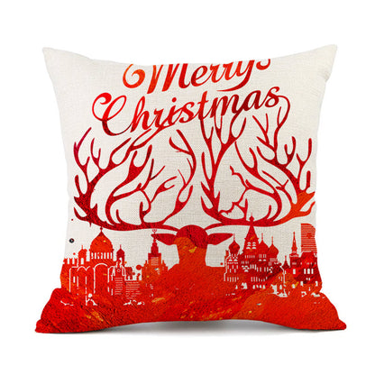 Isidore – Festieve Rode Linnen Kussen met Kerst-Elk en Santa Claus Print