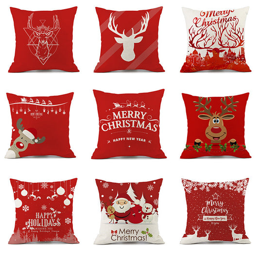Isidore – Festieve Rode Linnen Kussen met Kerst-Elk en Santa Claus Print
