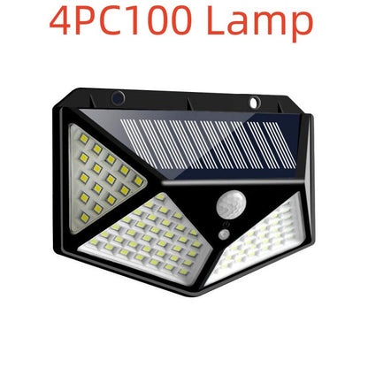 100 LED Zonne-wandlamp – 1200LM, Bewegingssensor, 4-Zijdig Breedlicht, IP65 Waterdicht Buitenlamp